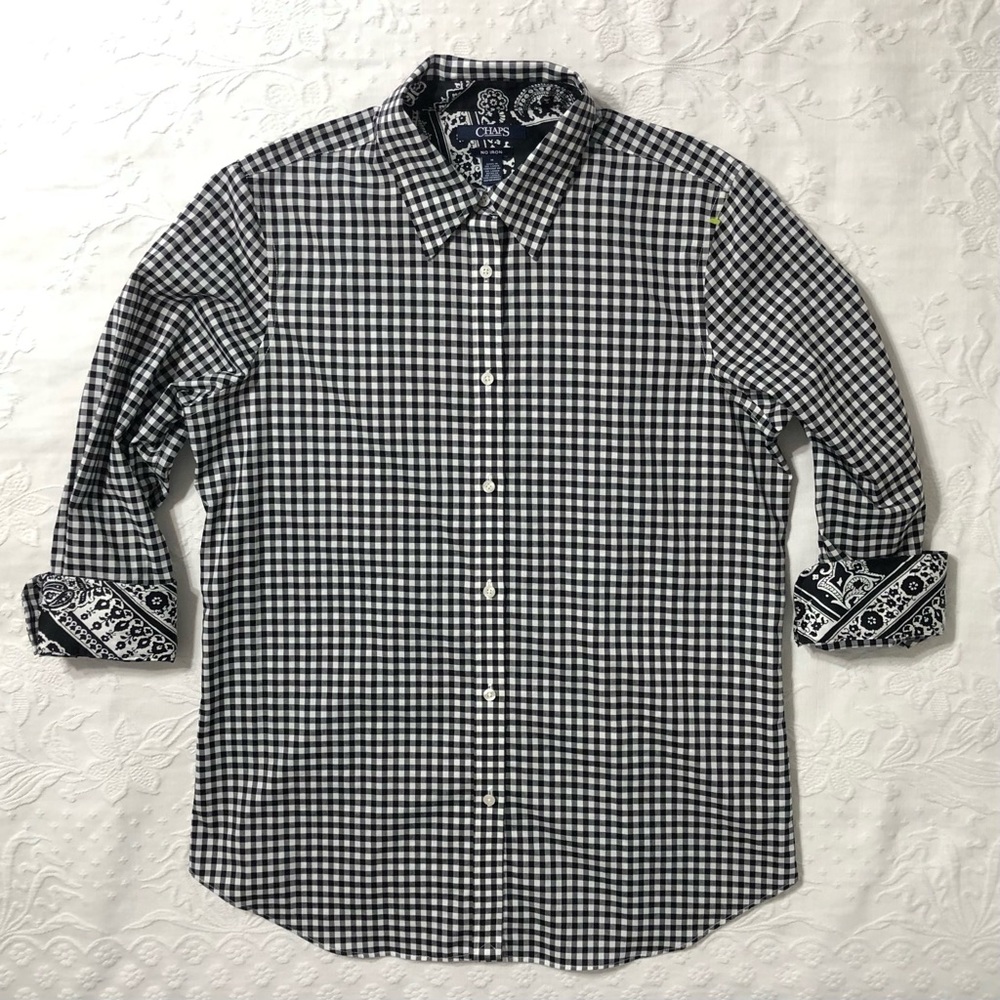Chaps Shirt NWOT Blouse No-Iron Checkered Black/White Button Down 3/4 Sleeve Med
